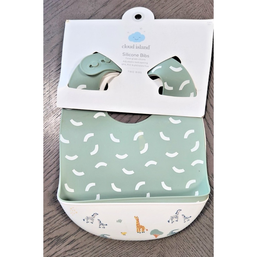 Cloud Island Silicone Bibs 2pk Safari Animal Print Sage Green Adjustable‎ Neck
